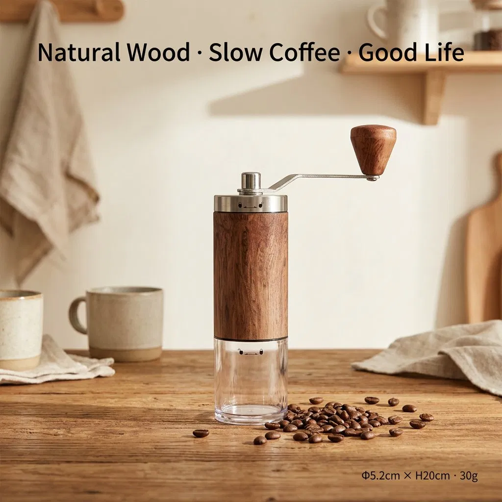 Molino de café manual portátil de madera ajustable con muela de cerámica
