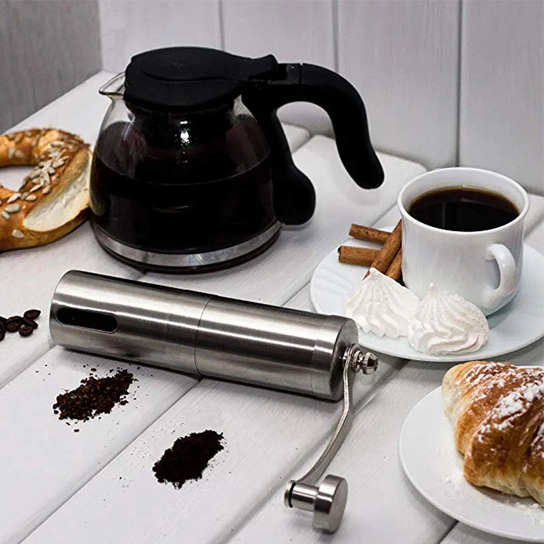 Molino de café manual de acero inoxidable con ventana visible para el hogar, seguro y a granel, aprobado por la FDA