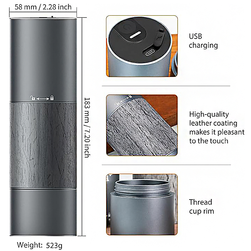 Molino de café portátil de alta calidad al por mayor con inicio de un botón, molinillo mini premium, USB, caja de color 25 90 Gris ABS RV
