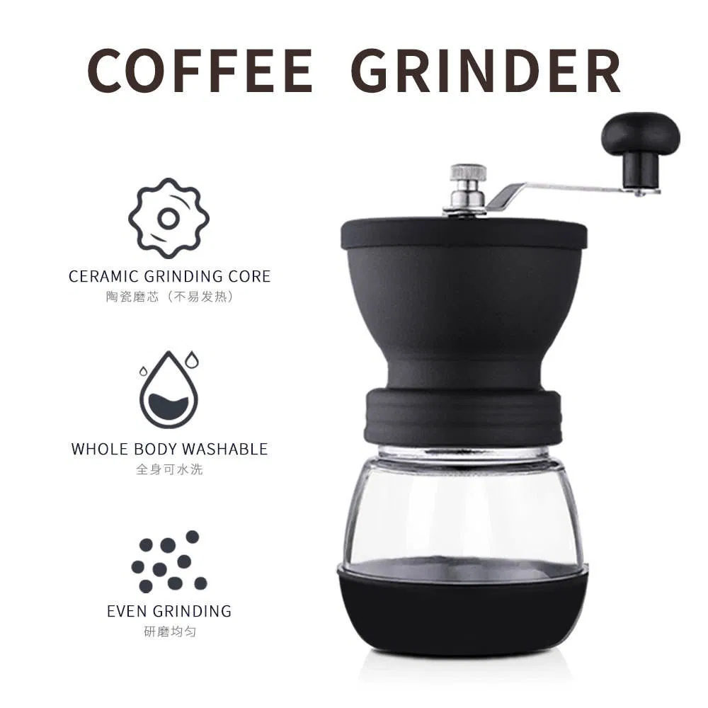 Molino de café manual ajustable de vidrio profesional con silicona, mini molinillo de granos de café para regalo