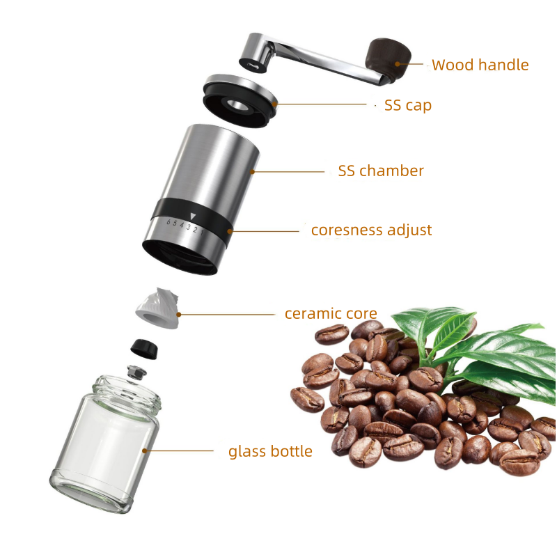 Molinos de café de vidrio portátil, molinillo manual de granos de café con mango de madera de acero inoxidable premium