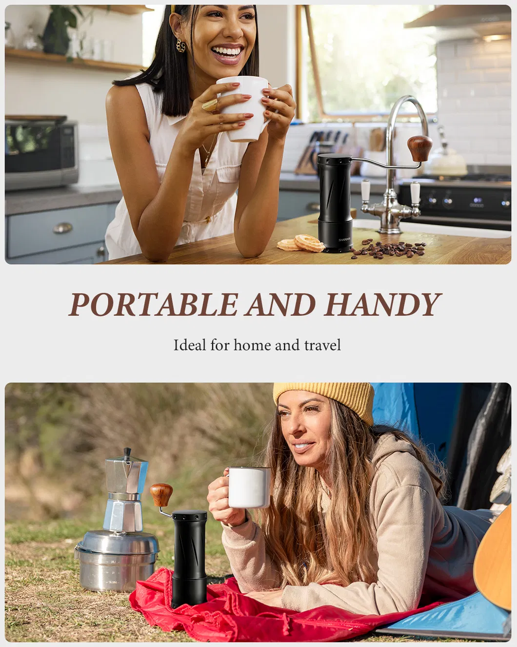 Molino de café manual pequeño con cuerpo de aluminio y ajuste de molienda ajustable