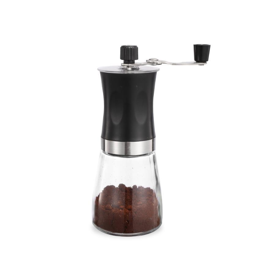 Molino de café manual portátil mini con frasco de vidrio, molino de café doméstico con muelas de acero inoxidable