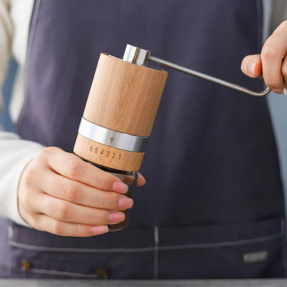 Molino de café manual de burras cónicas de grano seco entero de madera de haya con ajuste ajustable para café filtrado