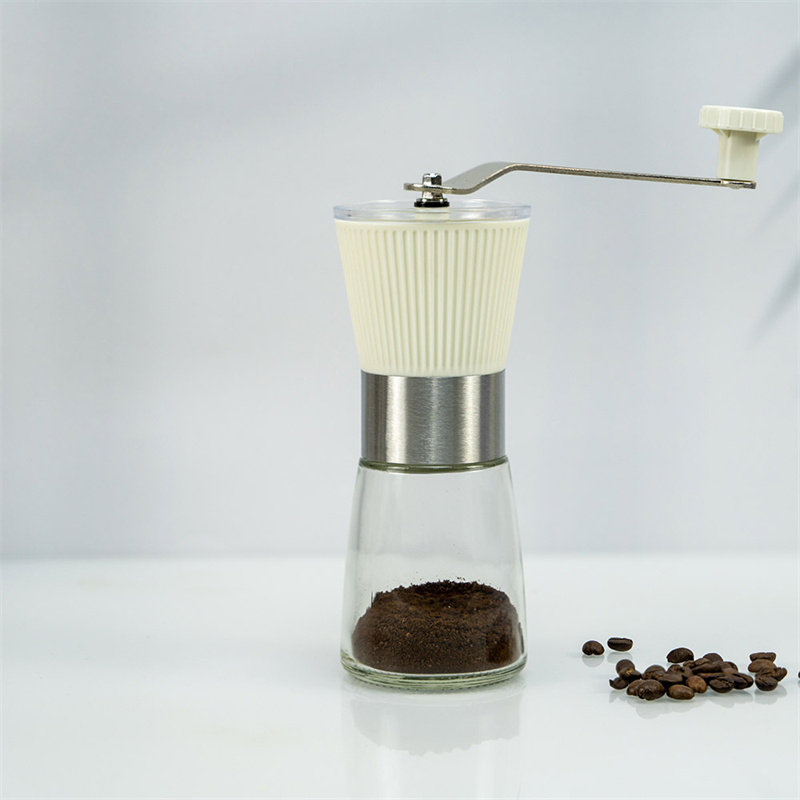 Botella de vidrio y molinillo de café de cerámica con cubierta de plástico antideslizante, molinillo de café manual con cuerpo de acero inoxidable