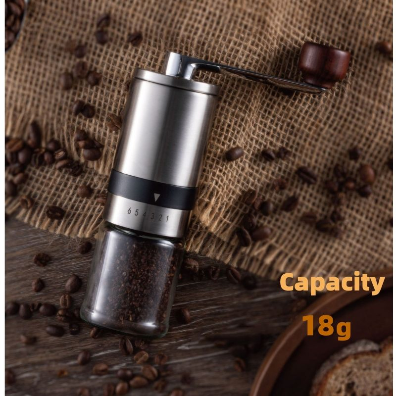Molinos de café de vidrio portátil, molinillo manual de granos de café con mango de madera de acero inoxidable premium