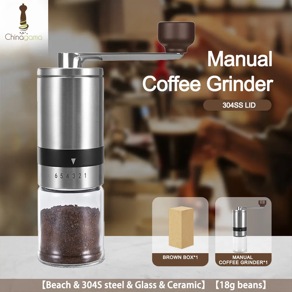 Molino de café manual de acero inoxidable portátil mini ajustable de vidrio borosilicato