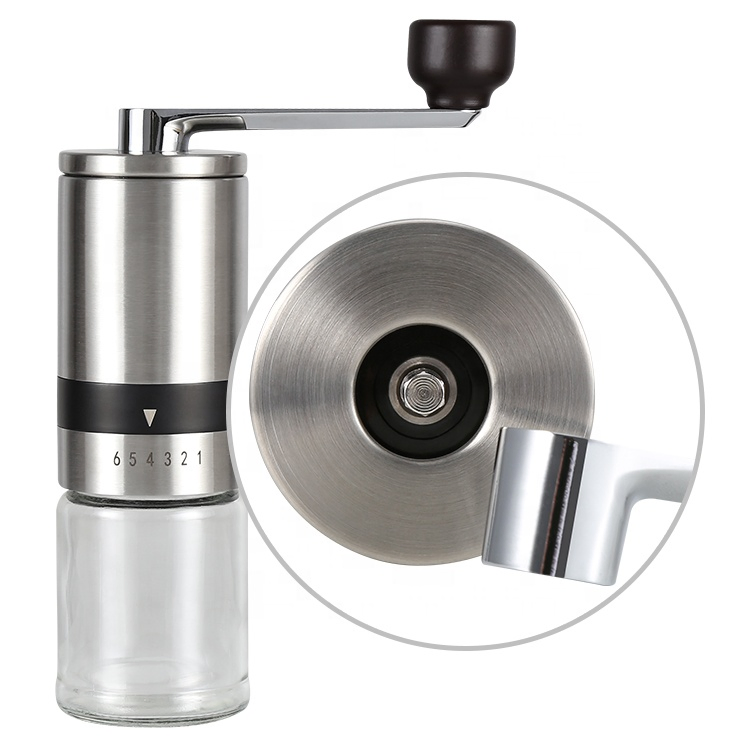 Molino de café manual de acero inoxidable portátil mini ajustable de vidrio borosilicato