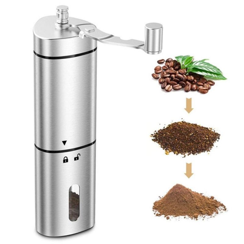 Molino de café manual de acero inoxidable con ajustes ajustables, molino de burr triangular portátil para camping y viajes