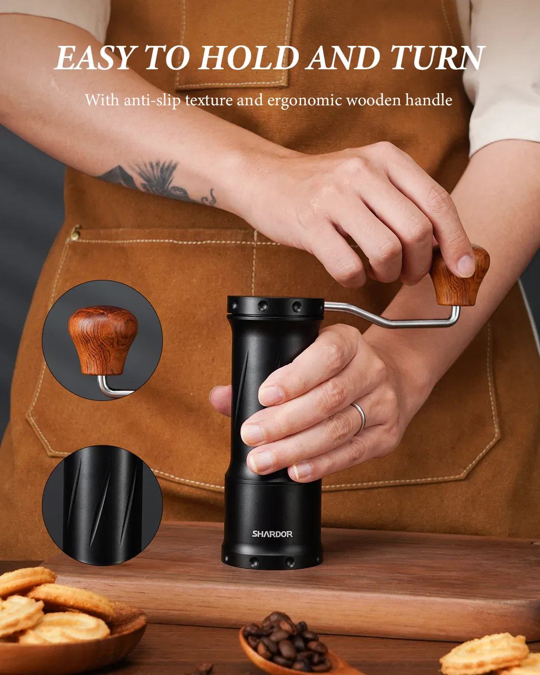 Molino de café manual pequeño con cuerpo de aluminio y ajuste de molienda ajustable
