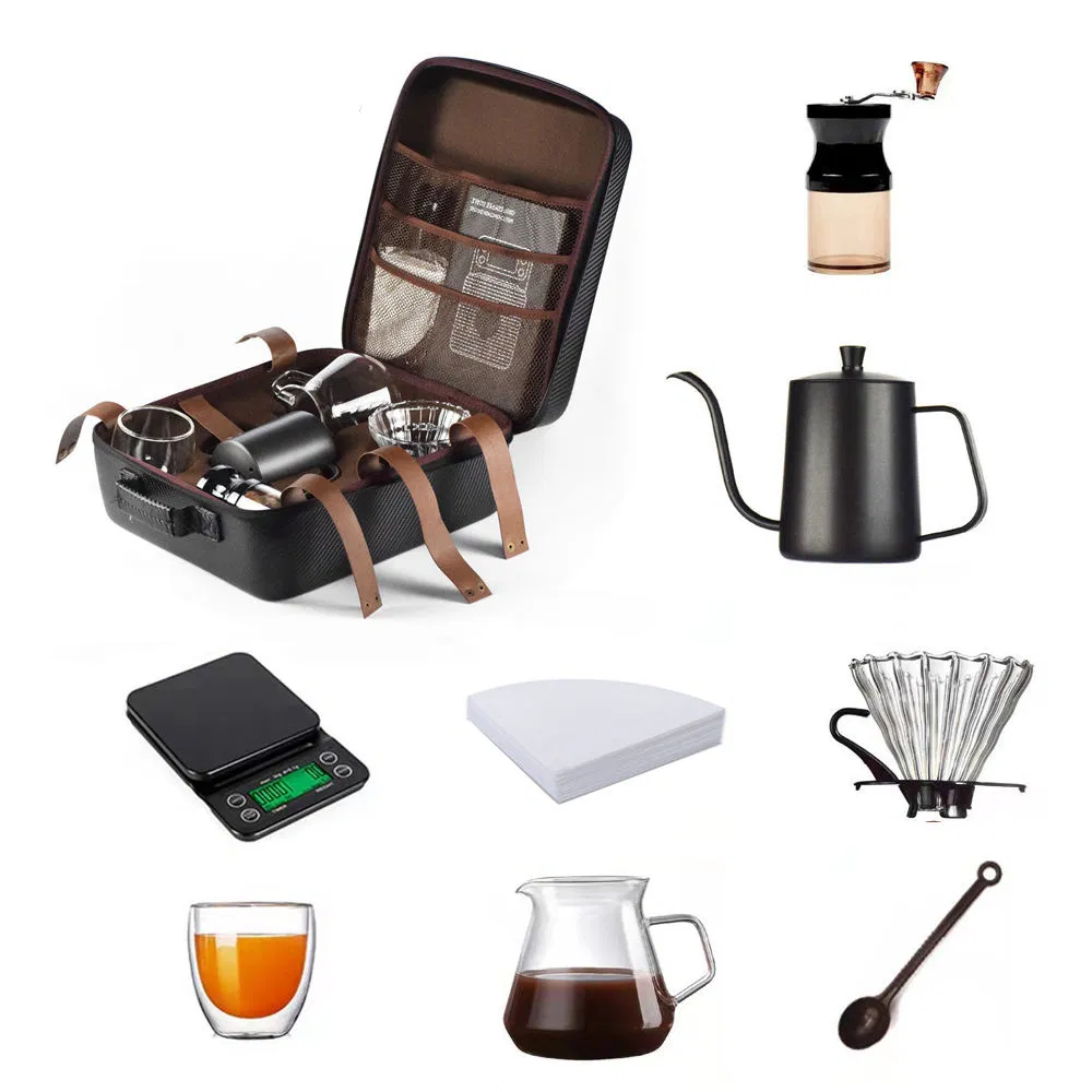 600ml Juego de viaje árabe profesional para preparar café por goteo con bolsa de viaje, hervidor de goteo, molinillo manual, balanza y herramientas de barista
