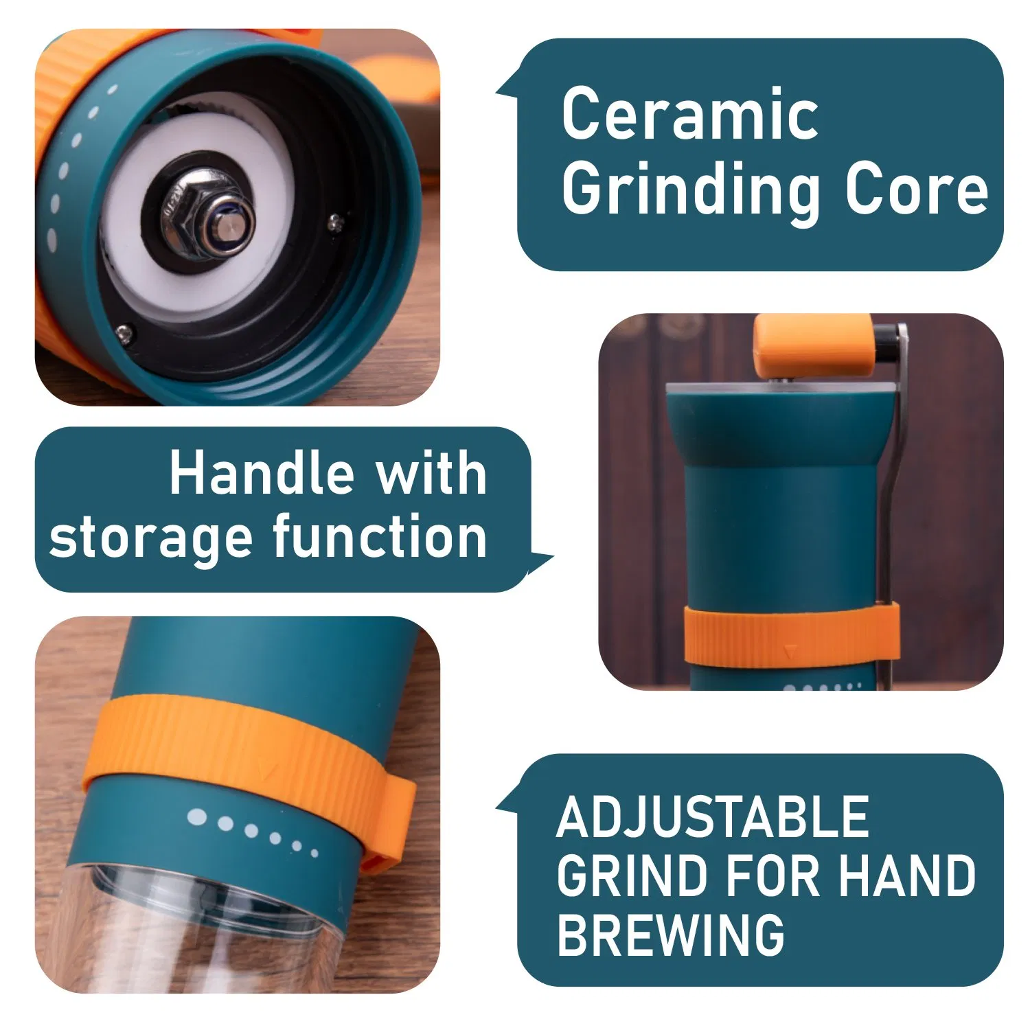 Molino de café manual de acero inoxidable verde 304 con muela de cerámica y caja de polvo con ajuste ajustable para cocina doméstica