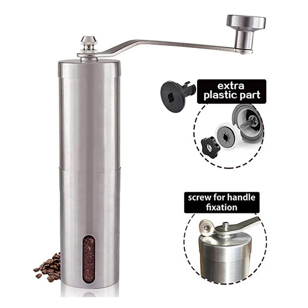 Molino de café manual de acero inoxidable con ventana visible para el hogar, seguro y a granel, aprobado por la FDA