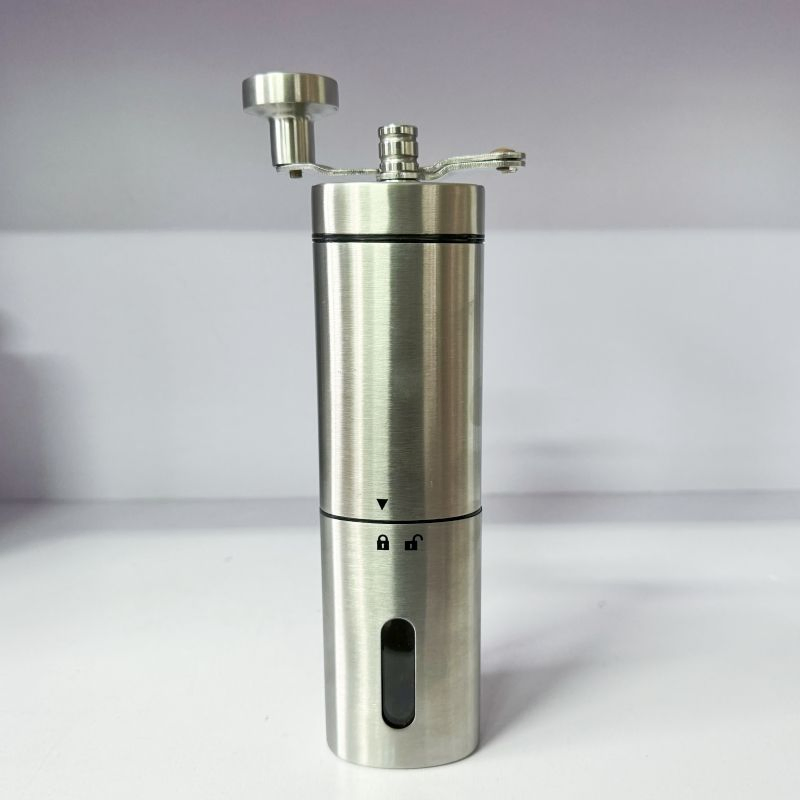 Molino de café manual de acero inoxidable con ajustes ajustables, molino de burr triangular portátil para camping y viajes