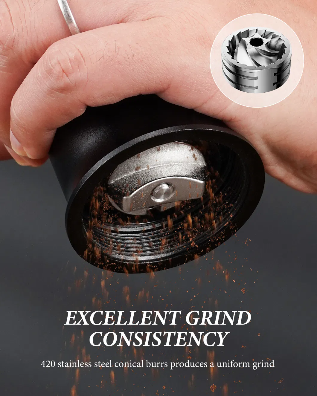 Molino de café manual pequeño con cuerpo de aluminio y ajuste de molienda ajustable
