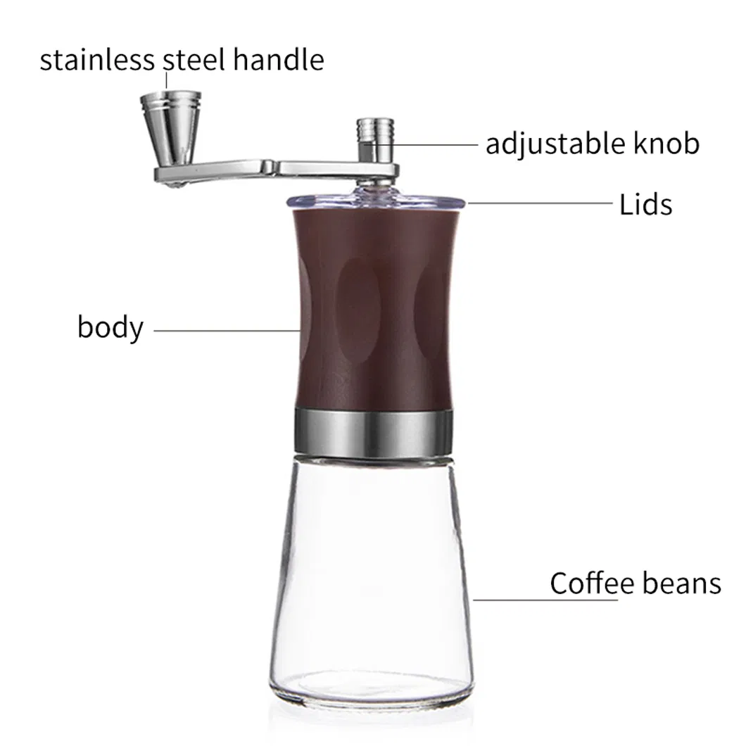 Molino de café manual con base de vidrio, ajuste de molienda, hogar, OEM, personalizado, venta al por mayor