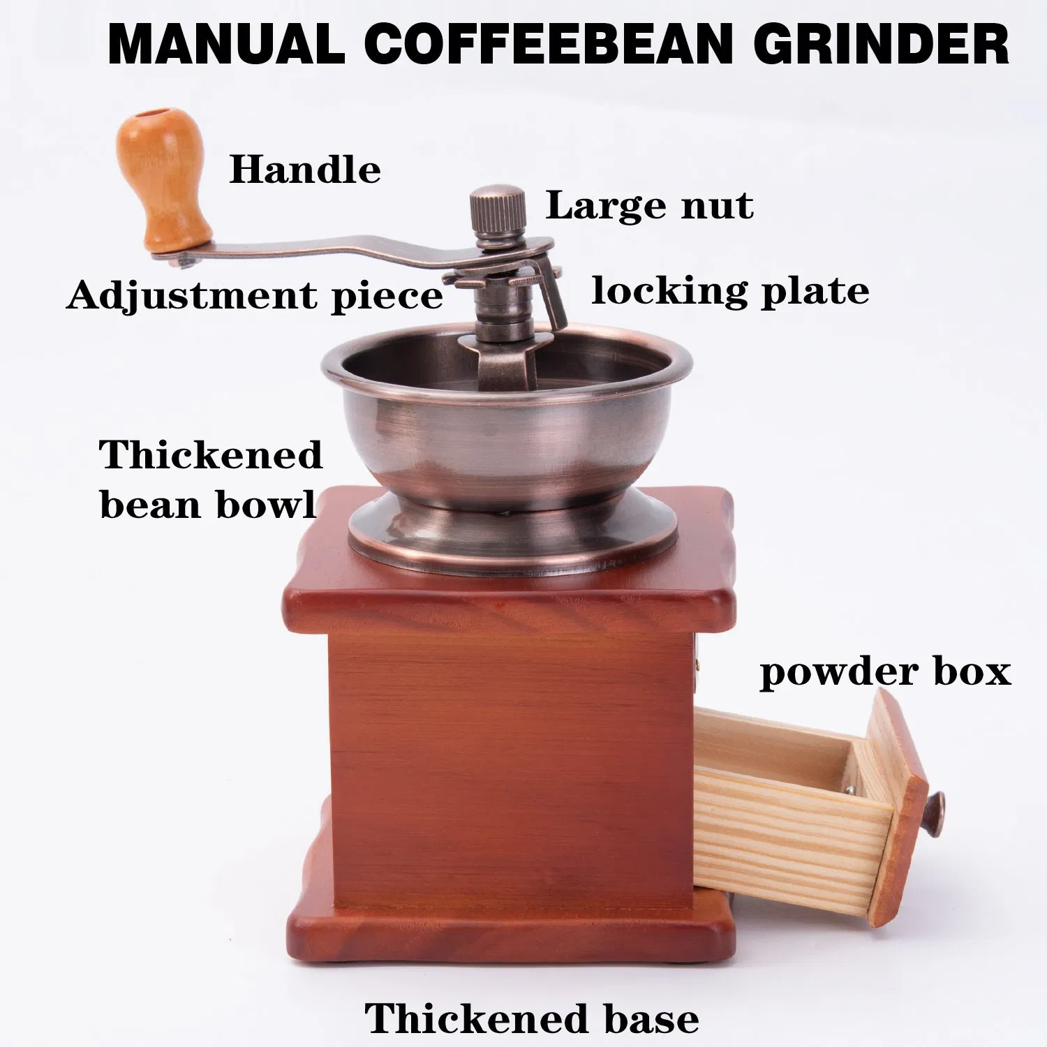 Molino de café manual vintage con manivela, tazón de metal para granos, estilo de cajón, canal de polvo, ajustador incorporado