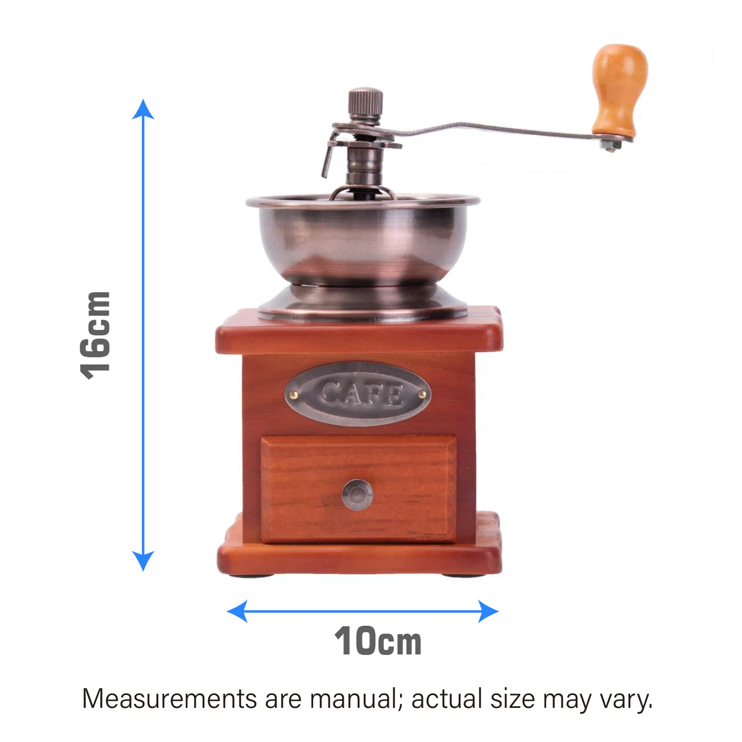 Molino de café manual vintage con manivela, tazón de metal para granos, estilo de cajón, canal de polvo, ajustador incorporado