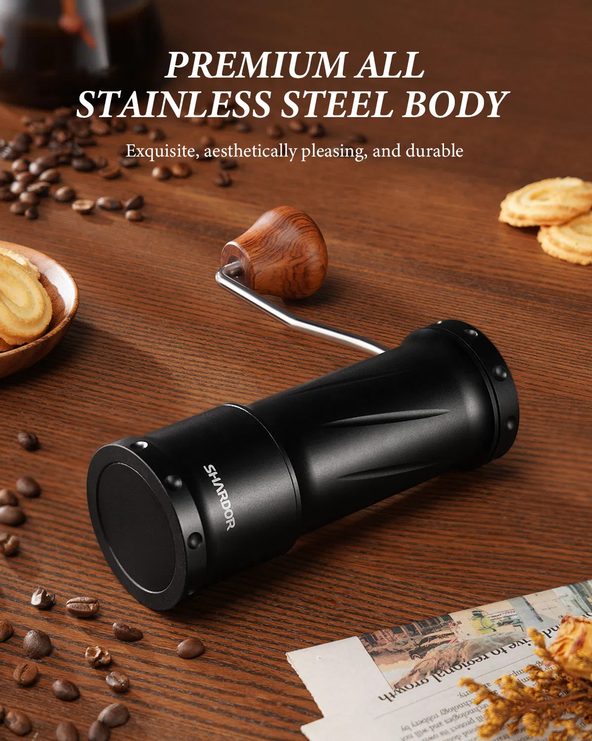 Molino de café manual pequeño con cuerpo de aluminio y ajuste de molienda ajustable