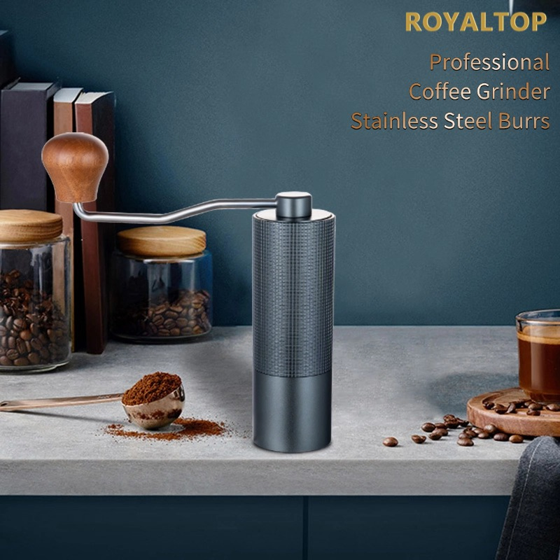 Cuerpo completo de aleación de aluminio 420 molinillo de café portátil de acero inoxidable con manivela de madera de nogal