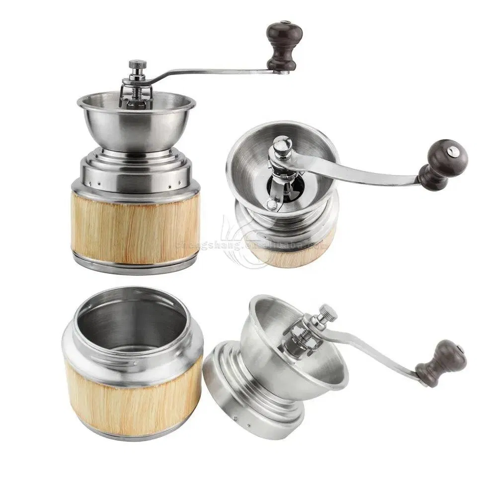 Molino de café manual de acero inoxidable con núcleo cerámico y molino de café manual de madera al por mayor