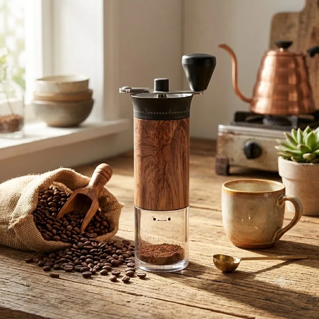 Molino de café manual de madera con muela de cerámica ajustable
