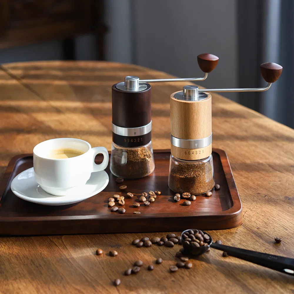 Molino de café manual de burras cónicas de grano seco entero de madera de haya con ajuste ajustable para café filtrado