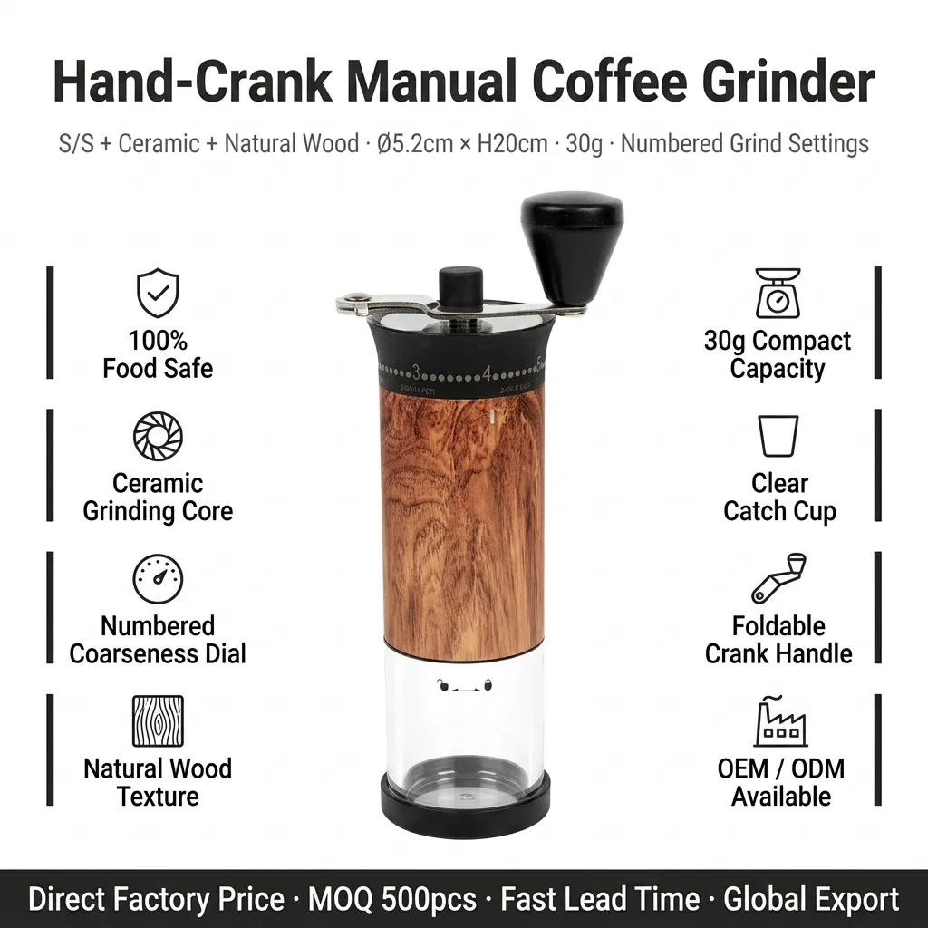 Molino de café manual de madera con muela cerámica ajustable