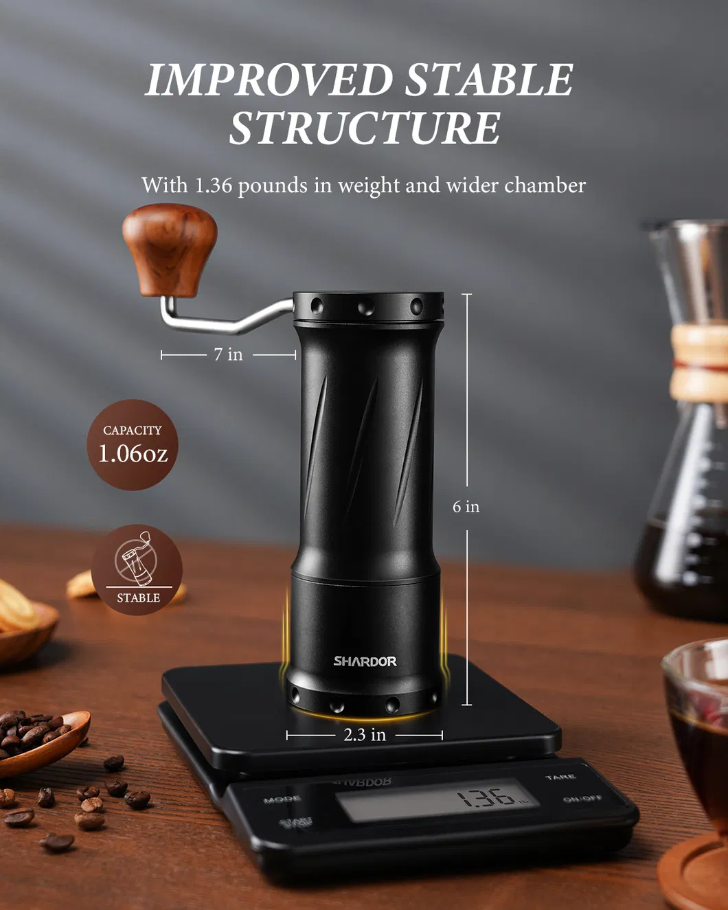 Molino de café manual pequeño con cuerpo de aluminio y ajuste de molienda ajustable