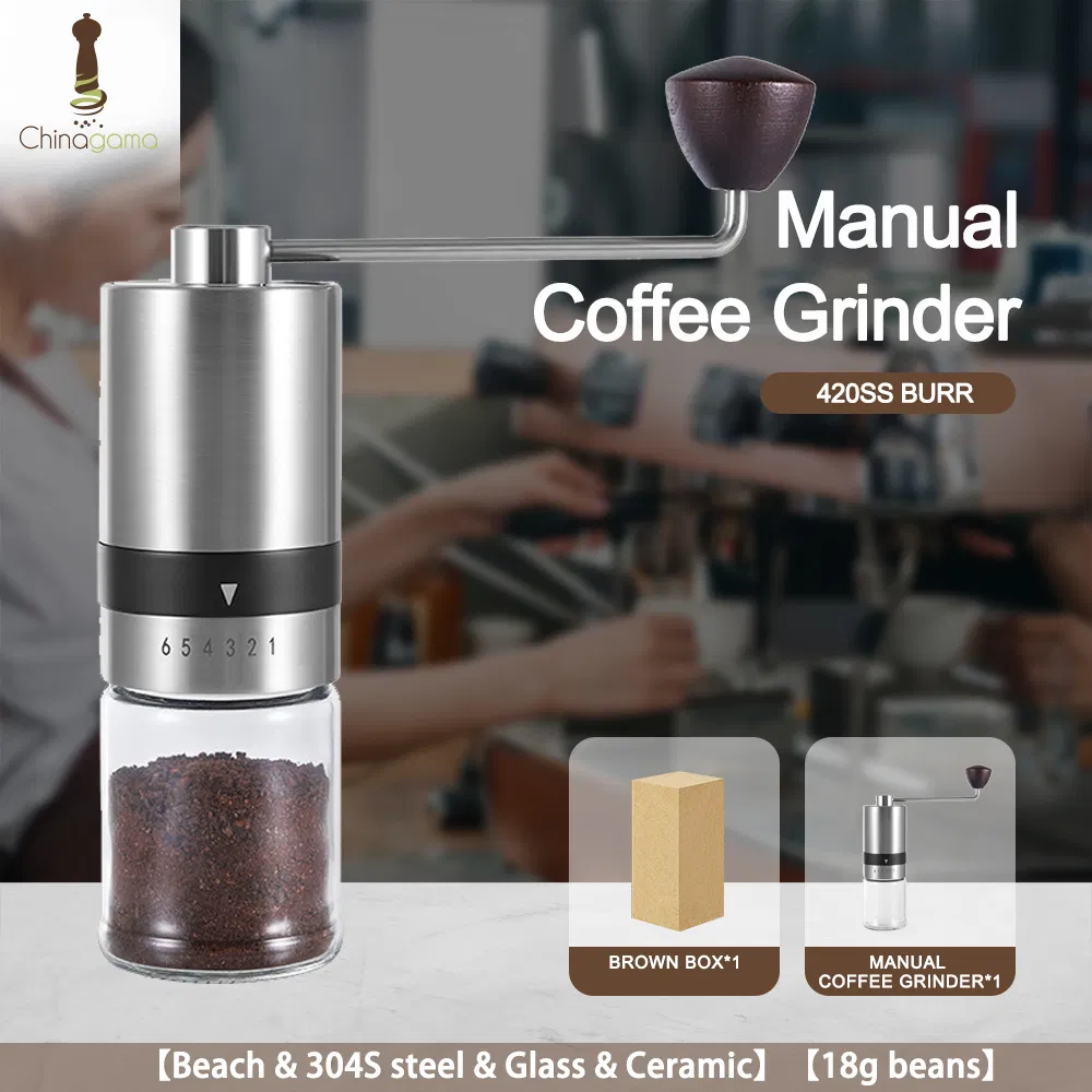 Molino de café manual de acero inoxidable portátil mini ajustable de vidrio borosilicato