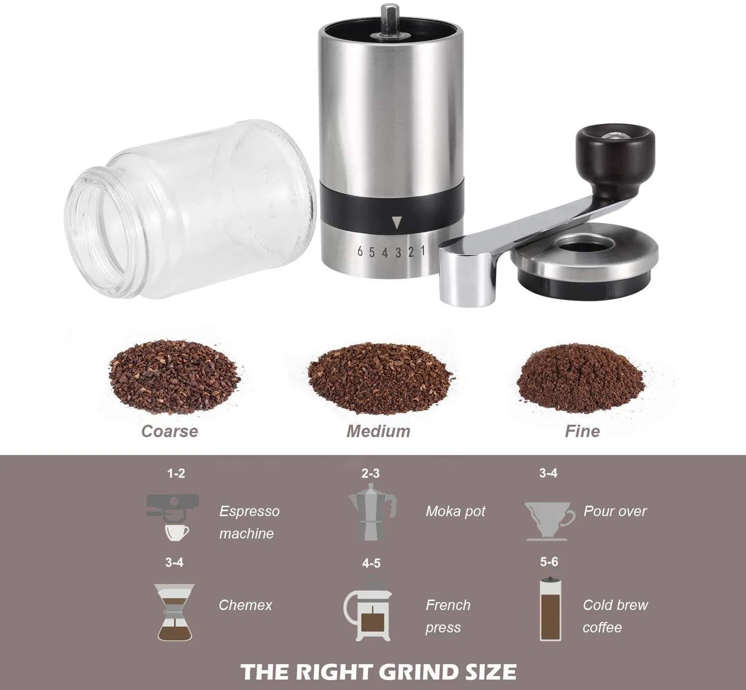 Hogar 304 Molino de café manual de mano con núcleo de cerámica ajustable de acero inoxidable, frasco de vidrio