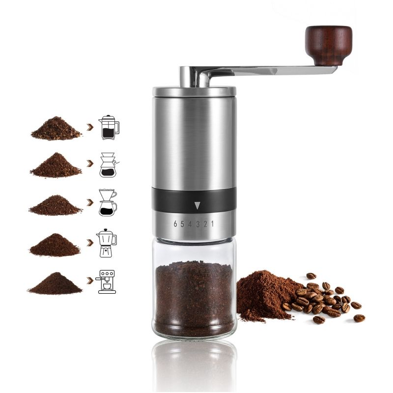 Molinos de café de vidrio portátil, molinillo manual de granos de café con mango de madera de acero inoxidable premium