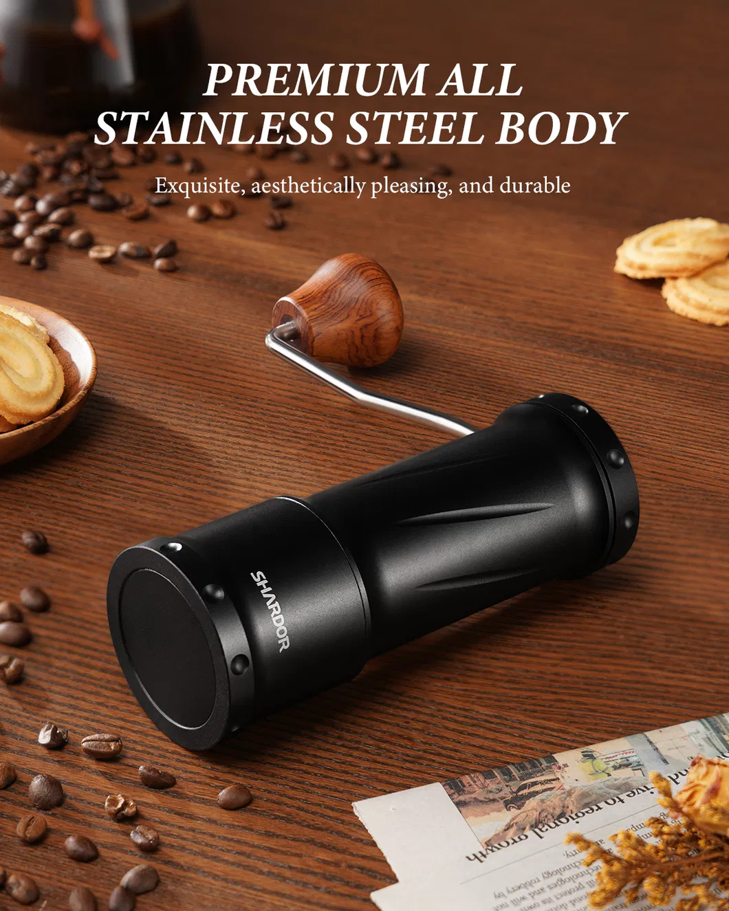 Molino de café manual pequeño con cuerpo de aluminio y ajuste de molienda ajustable
