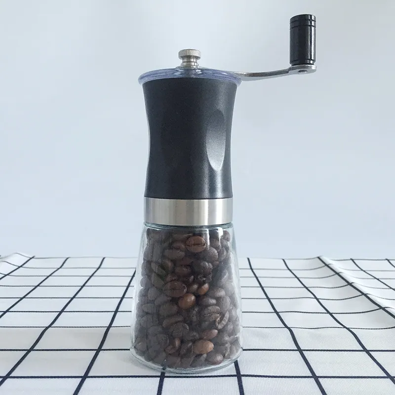 Molino de café manual portátil mini con frasco de vidrio, molino de café doméstico con muelas de acero inoxidable