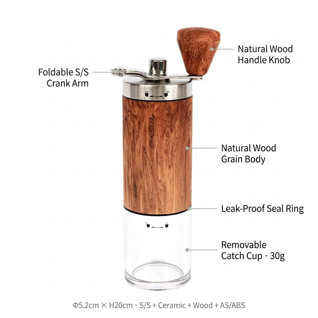 Molino de café manual portátil de madera ajustable con muela de cerámica