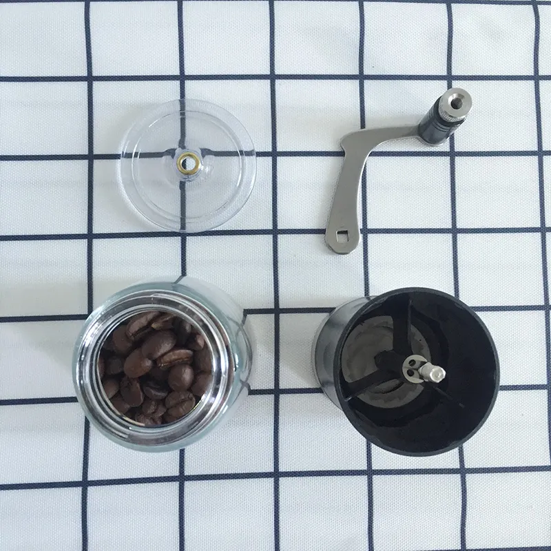 Molino de café manual portátil mini con frasco de vidrio, molino de café doméstico con muelas de acero inoxidable