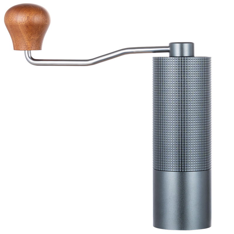 Cuerpo completo de aleación de aluminio 420 molinillo de café portátil de acero inoxidable con manivela de madera de nogal