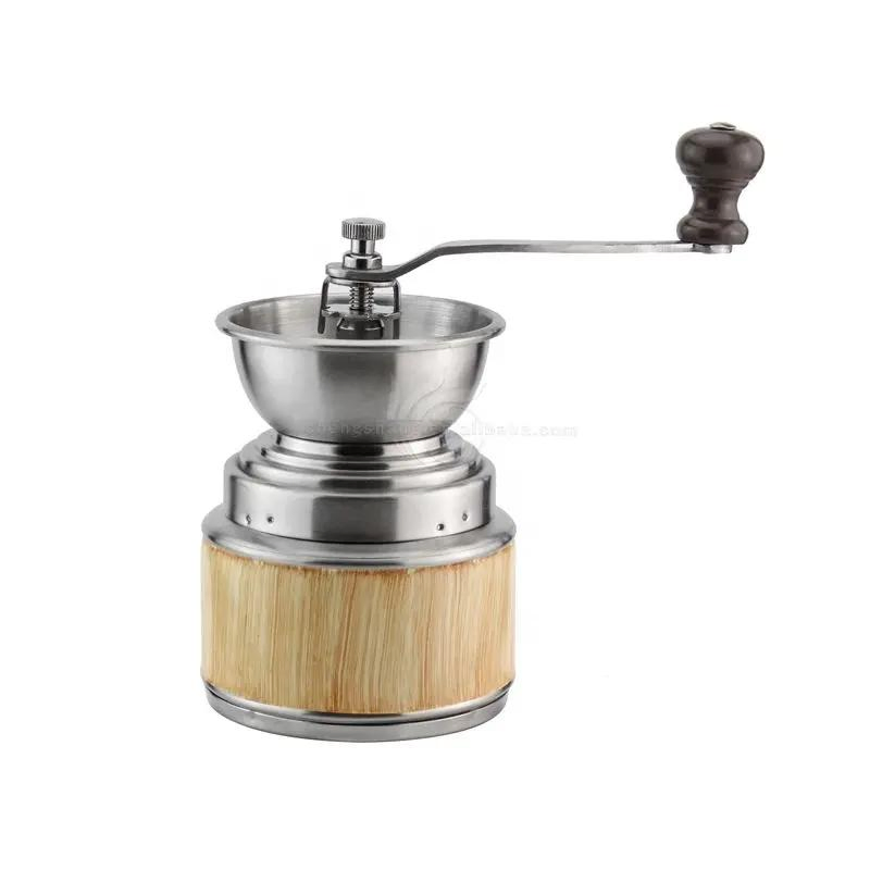 Molino de café manual de acero inoxidable con núcleo cerámico y molino de café manual de madera al por mayor
