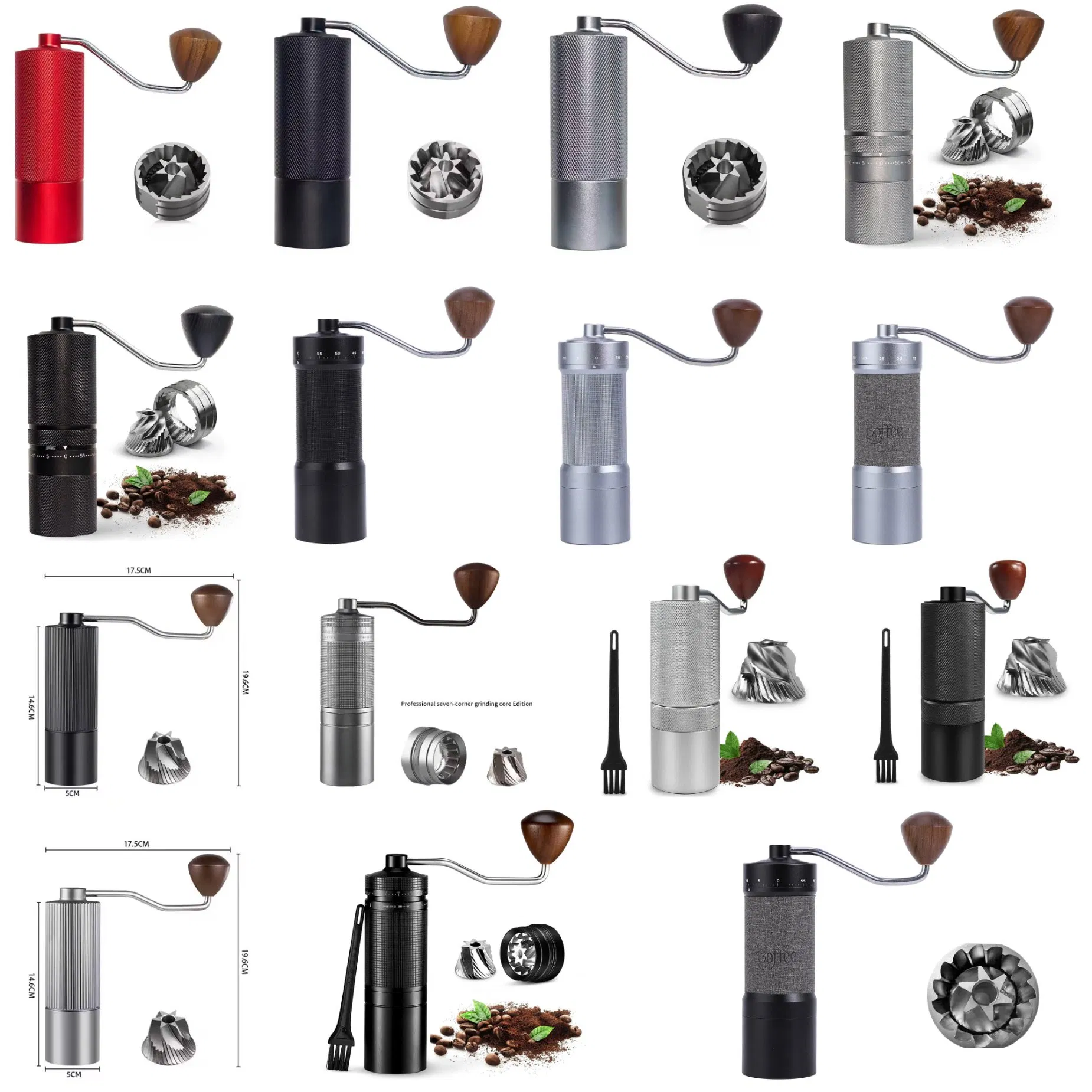 Molino de café manual de acero inoxidable con ajustes ajustables y funda antideslizante marrón, molinillo cónico portátil