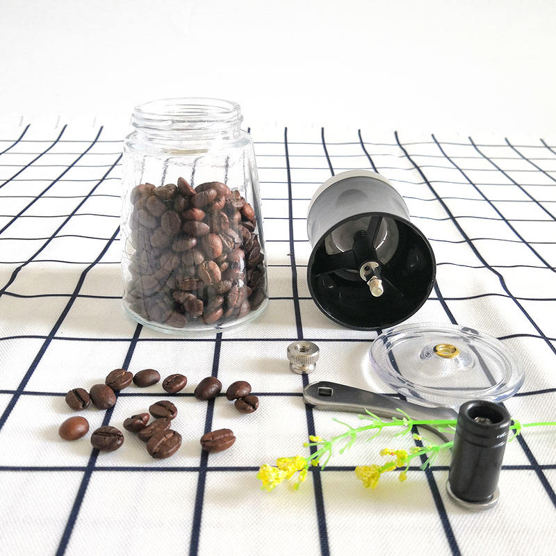 Molino de café manual portátil mini con frasco de vidrio, molino de café doméstico con muelas de acero inoxidable
