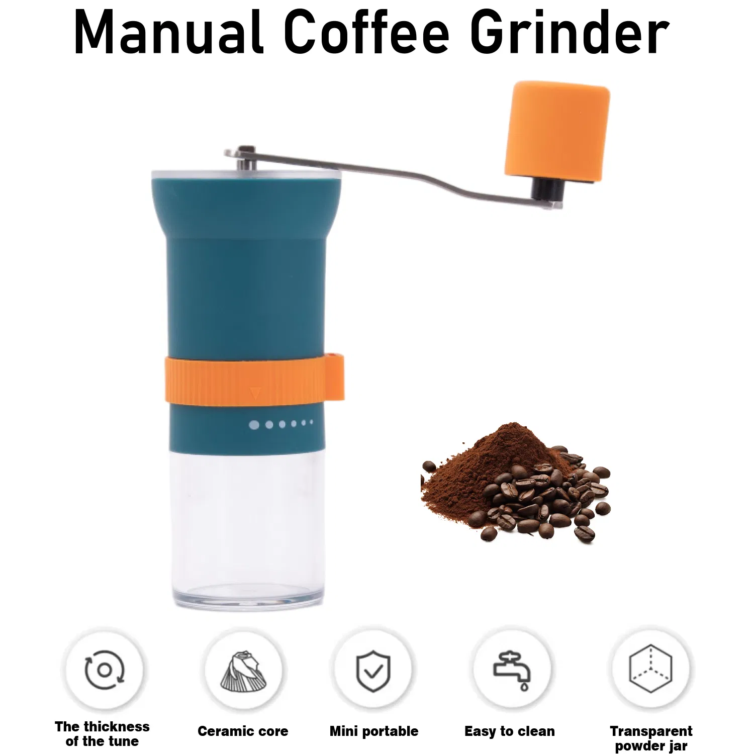 Molino de café manual de acero inoxidable verde 304 con muela de cerámica y caja de polvo con ajuste ajustable para cocina doméstica