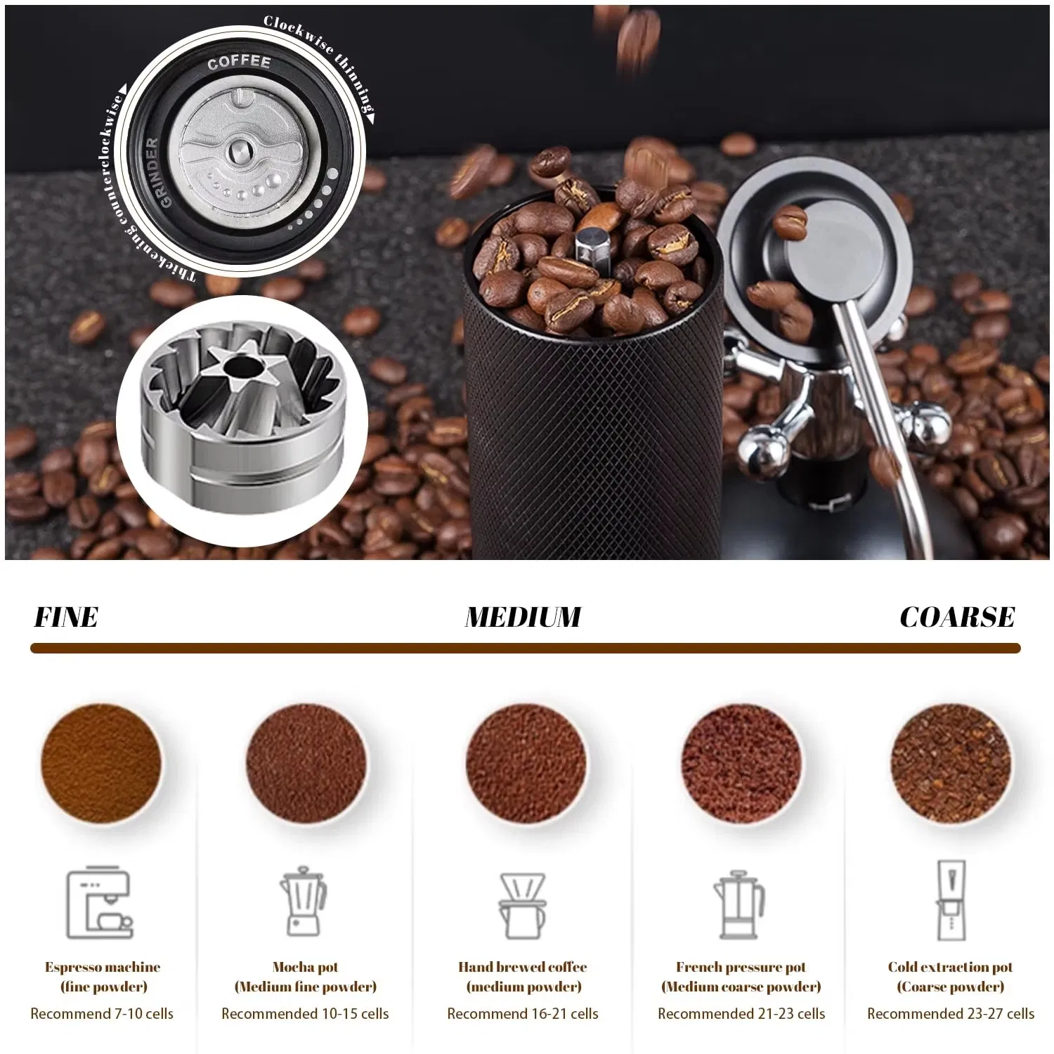 Molino de café portátil ajustable para espresso, accesorios de camping de acero inoxidable, molinillo de café manual con 5 6 7core muelas