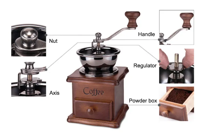 Conjuntos de regalo de molinillo de café manual de madera antigua