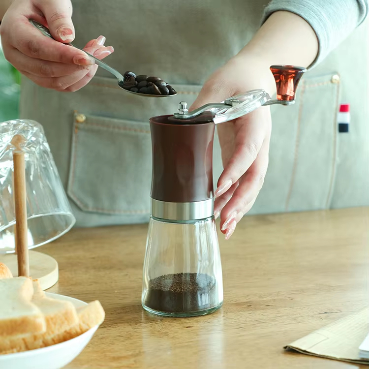 Venta Caliente Personalizada Profesional Portátil Pequeña Ajustable Molinillo Manual de Café en Grano de Vidrio