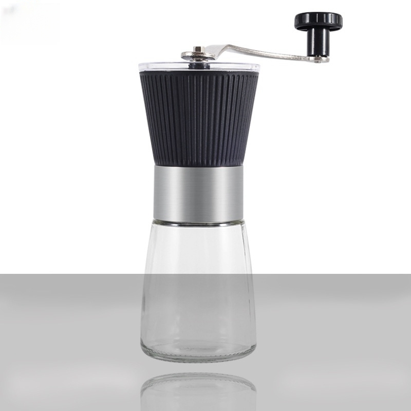 Botella de vidrio y molinillo de café de cerámica con cubierta de plástico antideslizante, molinillo de café manual con cuerpo de acero inoxidable