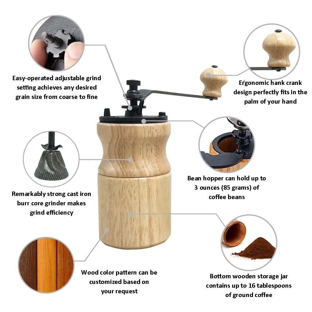 Molino de café manual portátil de madera ajustable con manivela de hierro fundido