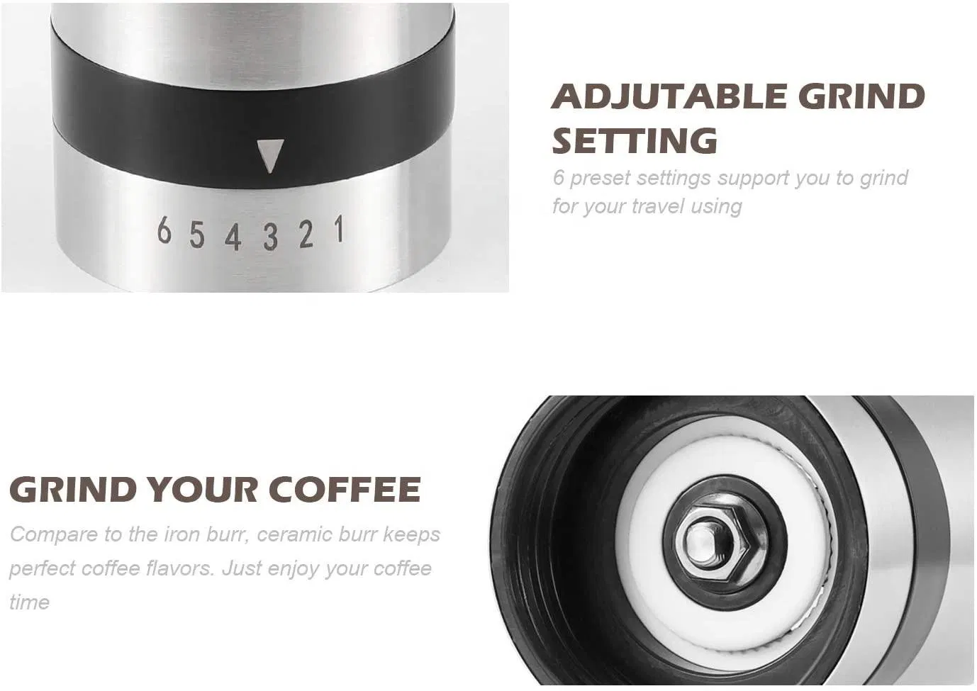 Hogar 304 Molino de café manual de mano con núcleo de cerámica ajustable de acero inoxidable, frasco de vidrio