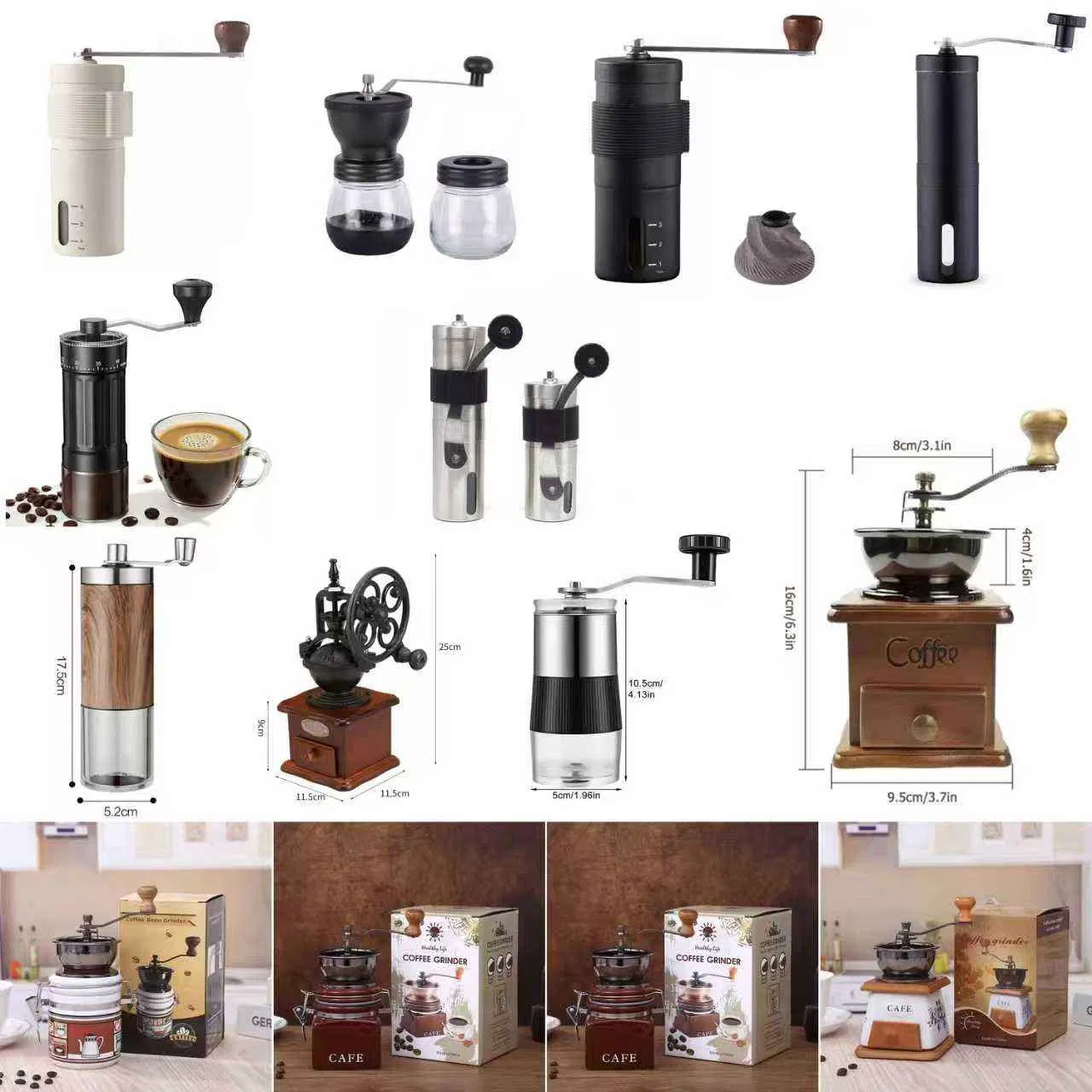 Molino de café manual de acero inoxidable con ajustes ajustables y funda antideslizante marrón, molinillo cónico portátil
