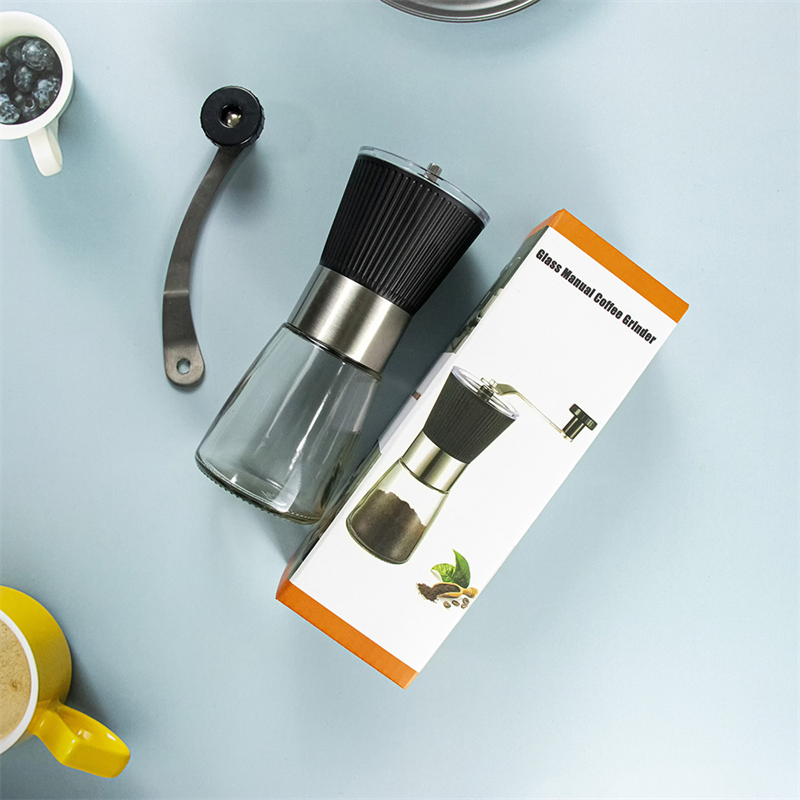 Botella de vidrio y molinillo de café de cerámica con cubierta de plástico antideslizante, molinillo de café manual con cuerpo de acero inoxidable