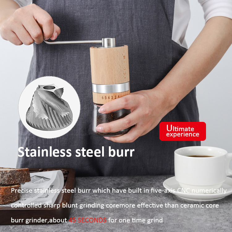 Molino de café manual de burras cónicas de grano seco entero de madera de haya con ajuste ajustable para café filtrado